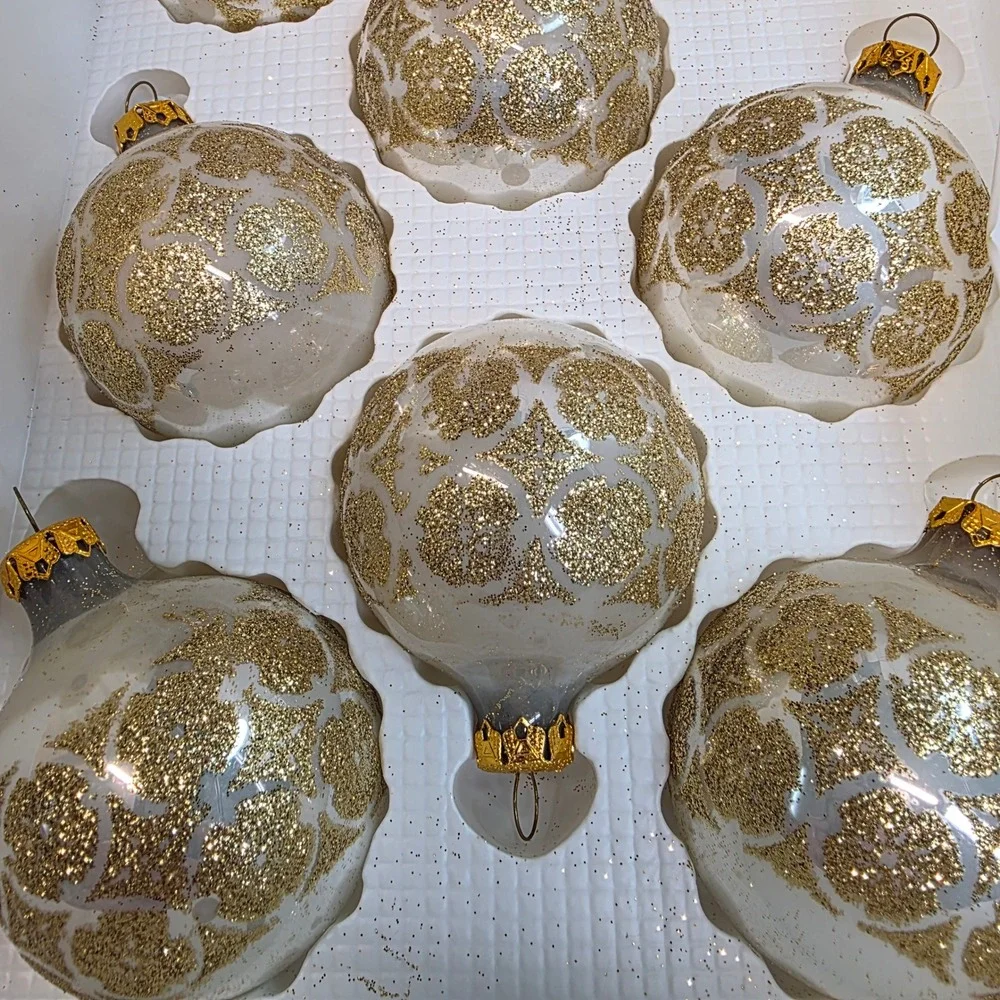 Vtg Rauch Glass Christmas Ornaments Lot of 24, Victoria White Gold Glitter, GUC‎